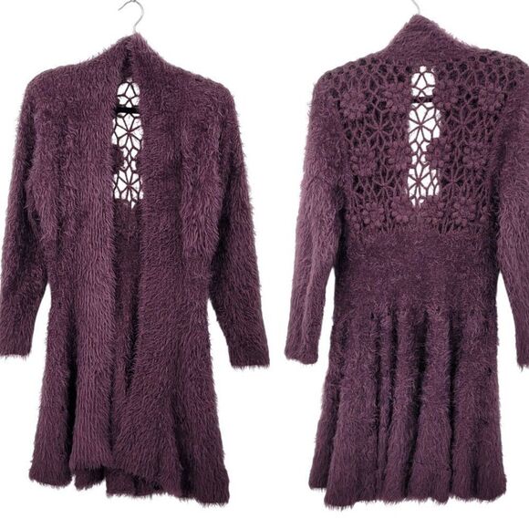 Eyelash Purple Crochet Tunic Cardigan Coatigan M Chic A-line Open Floral Back - Picture 1 of 11